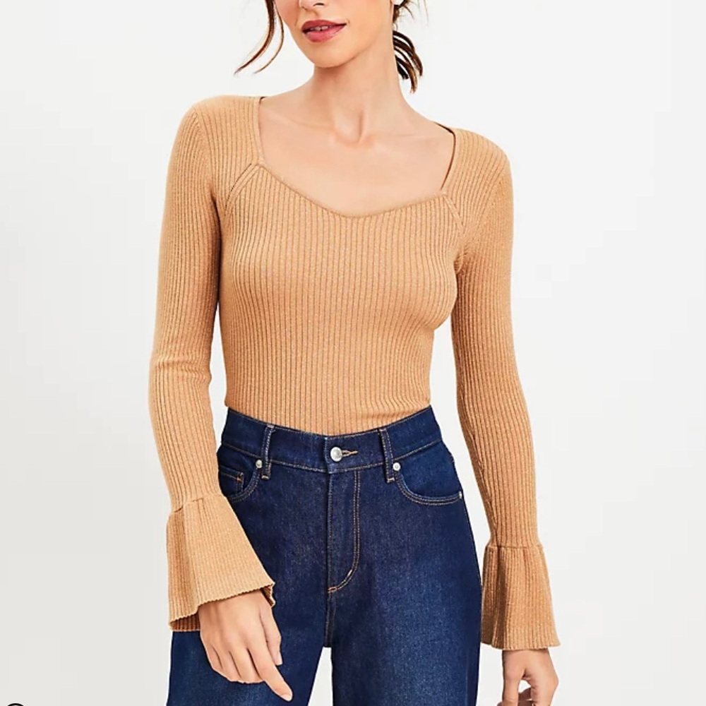 LOFT Shimmer Ribbed Sweetheart Neck Flare Cuff Sweater NWT